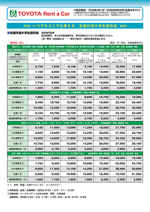 トヨタレンタカー 「乗用車」の基本プラン 本州・四国・九州ハイシーズン東京一部店舗の全国料金