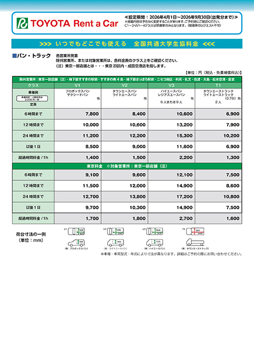 トヨタレンタカー 「バン・トラック」の全国料金