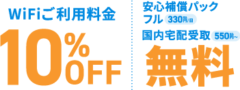 WiFiご利用料金10%OFF、安心補償パックフル330円/日・国内宅配受取550円〜が無料